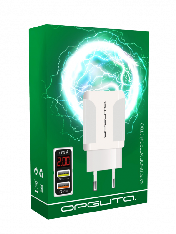 Зарядное устройство для телефона на 2 гнезда, Быстрая зарядка 20W адаптер QC 3.0 с дисплеем Орбита OT-APU59 Белый